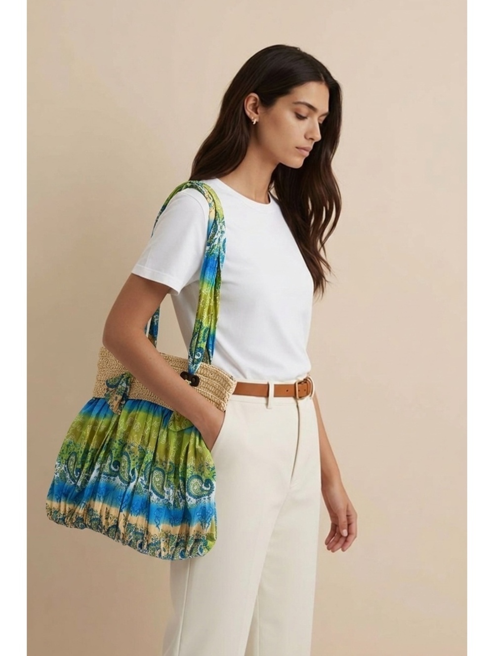 La Vie en Rose Beach Bag – Blue & Green Woven Summer Tote